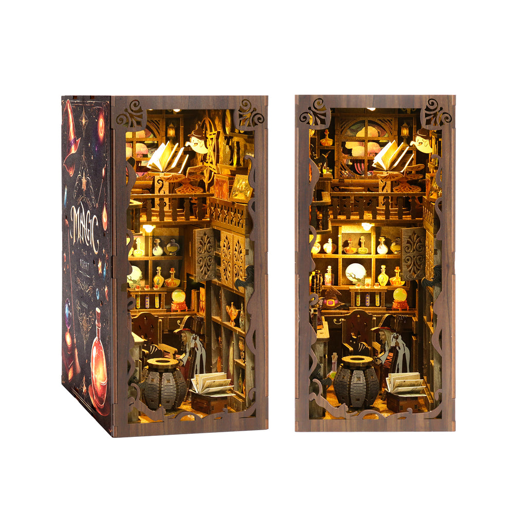 Magic Night DIY Book Nook Kit featuring illuminated shelves with books and musical decor in a 3D wooden puzzle.