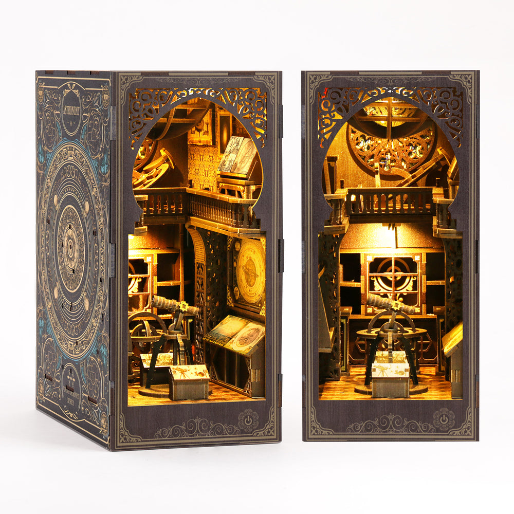 Astronomy Museum DIY Book Nook Kit, 3D wooden puzzle featuring intricate designs and warm lighting.