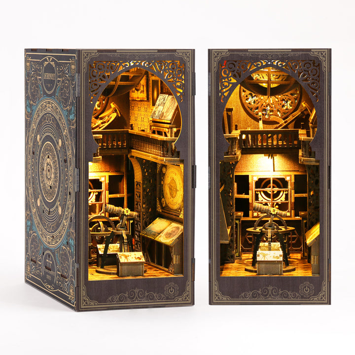 Astronomy Museum DIY Book Nook Kit, 3D wooden puzzle featuring intricate designs and warm lighting.