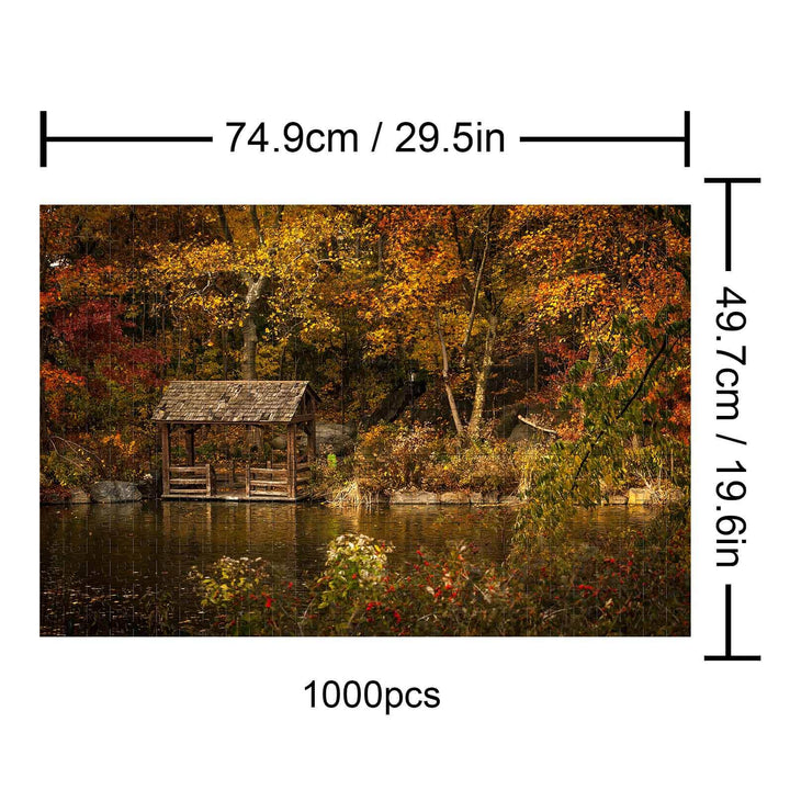 Autumn Lakeside 1000 piece puzzle showcasing vibrant fall colors and a serene lakeside cabin.