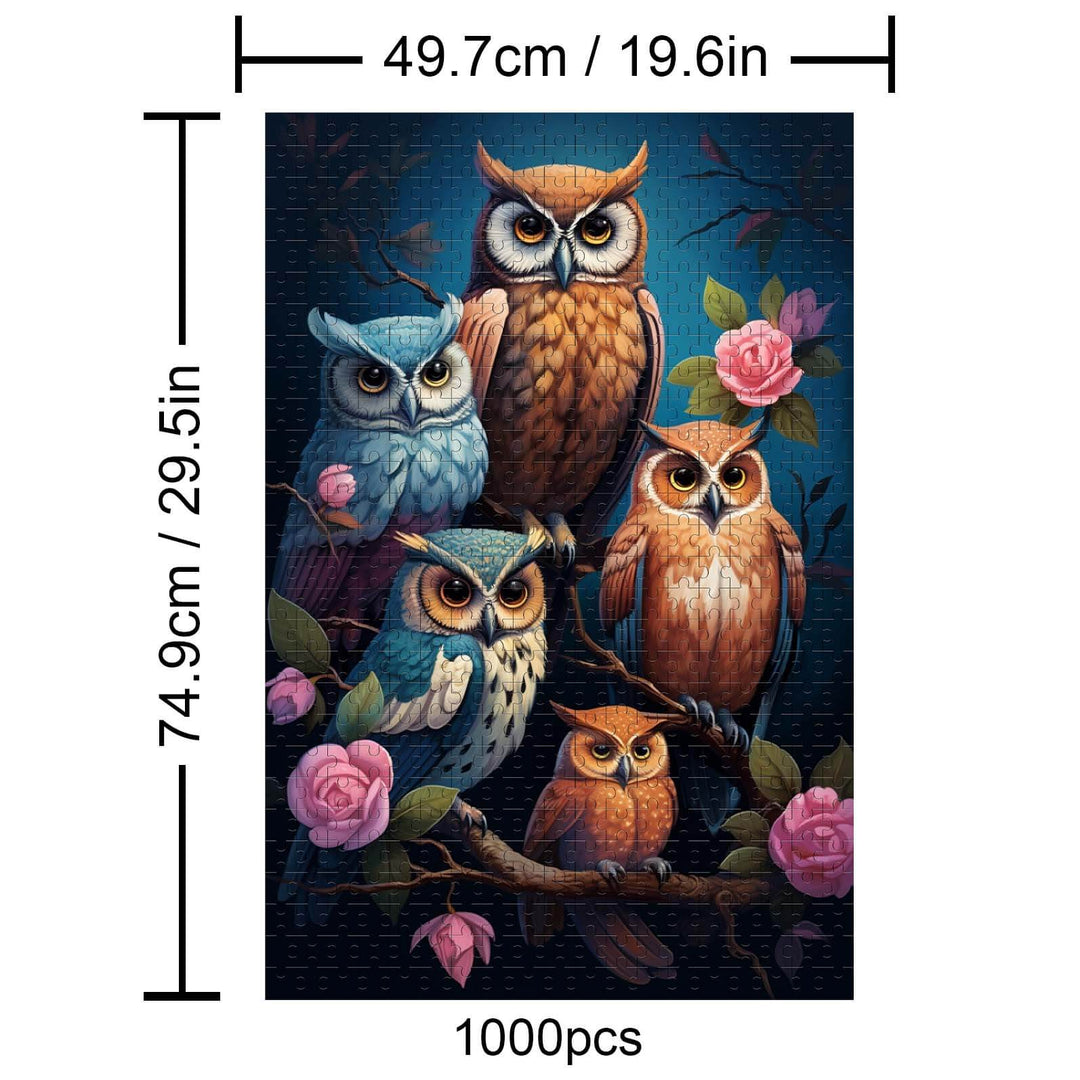 Colorful 1000-piece owl jigsaw puzzle featuring six owls and roses, perfect for enhancing focus and cognitive skills.