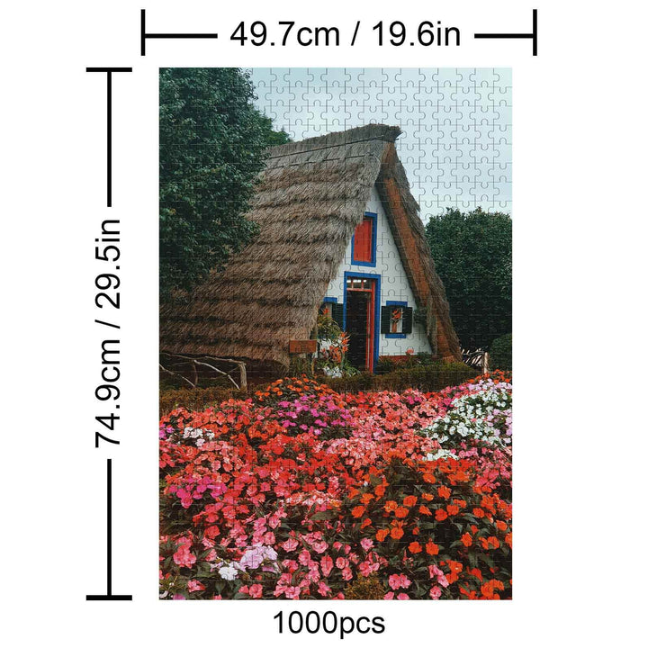 Flower House 1000 piece jigsaw puzzle featuring a charming cottage surrounded by vibrant flowers.