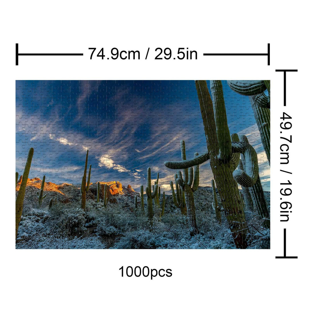 Snowy Desert 1000-piece puzzle showcasing a cactus landscape under a winter sky, perfect for jigsaw puzzle enthusiasts.