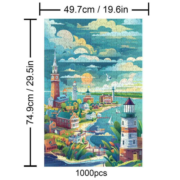 Coastal City 1000 piece puzzle showcasing a vibrant waterfront scene with buildings, lighthouse, and clouds.
