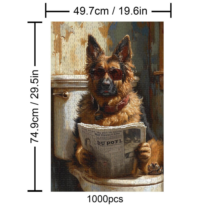 Handsome German Shepherd jigsaw puzzle featuring a dog reading a newspaper, perfect for puzzle enthusiasts.