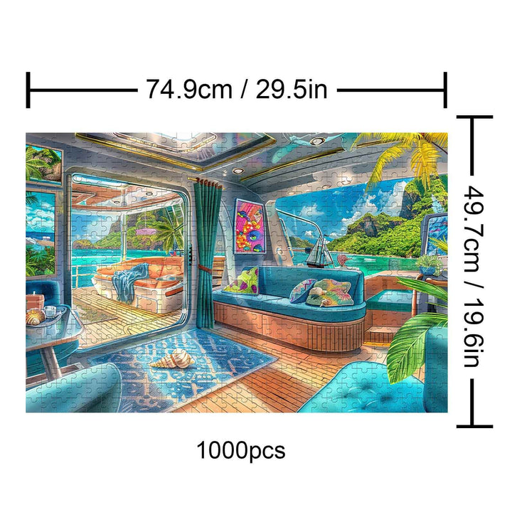 Luxury Yachts 1000-piece puzzle showcasing an elegant interior with stunning ocean views and vibrant décor.