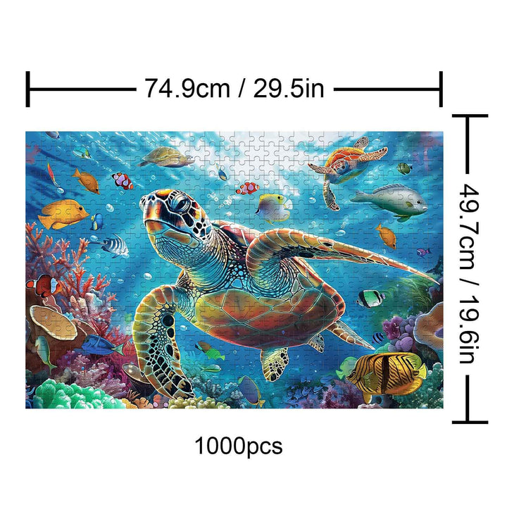 Underwater World 1000 piece puzzle featuring a sea turtle and colorful marine life, perfect for puzzle enthusiasts.