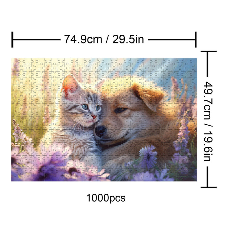 A 1000-piece puzzle featuring a cat and dog snuggling amidst colorful flowers, promoting focus and relaxation.