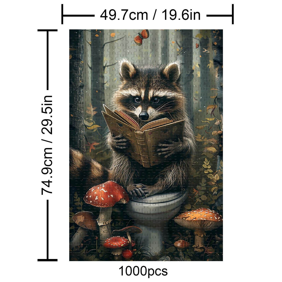 Studious Raccoon 1000 Piece Puzzle showcasing a raccoon reading in a whimsical forest setting.