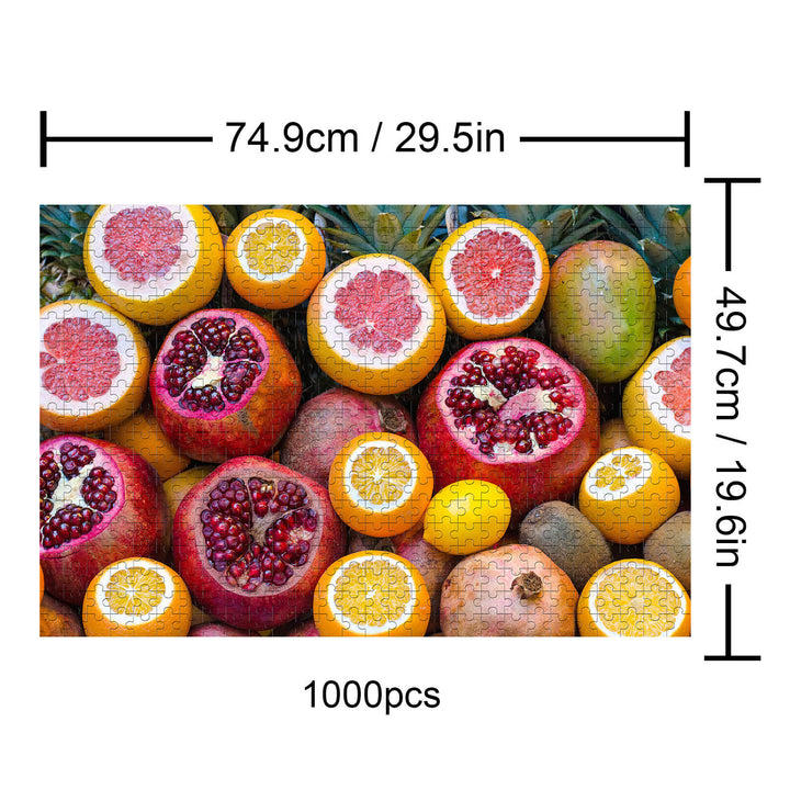 Fruit-2 1000-piece jigsaw puzzle featuring vibrant images of assorted fruits like pomegranates and oranges.