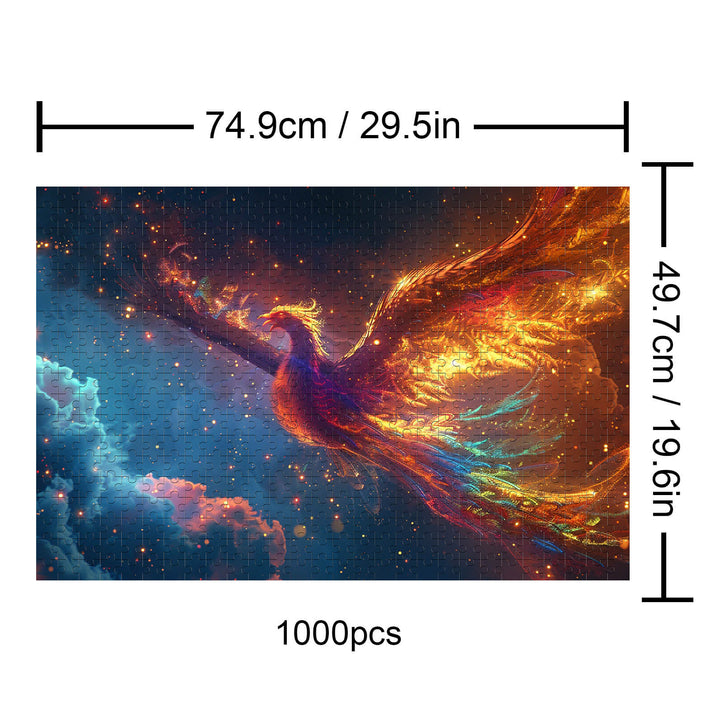 Phoenix Nirvana 1000 piece puzzle showcasing a vibrant phoenix design, measuring 74.9cm x 49.7cm, ideal for mind games.