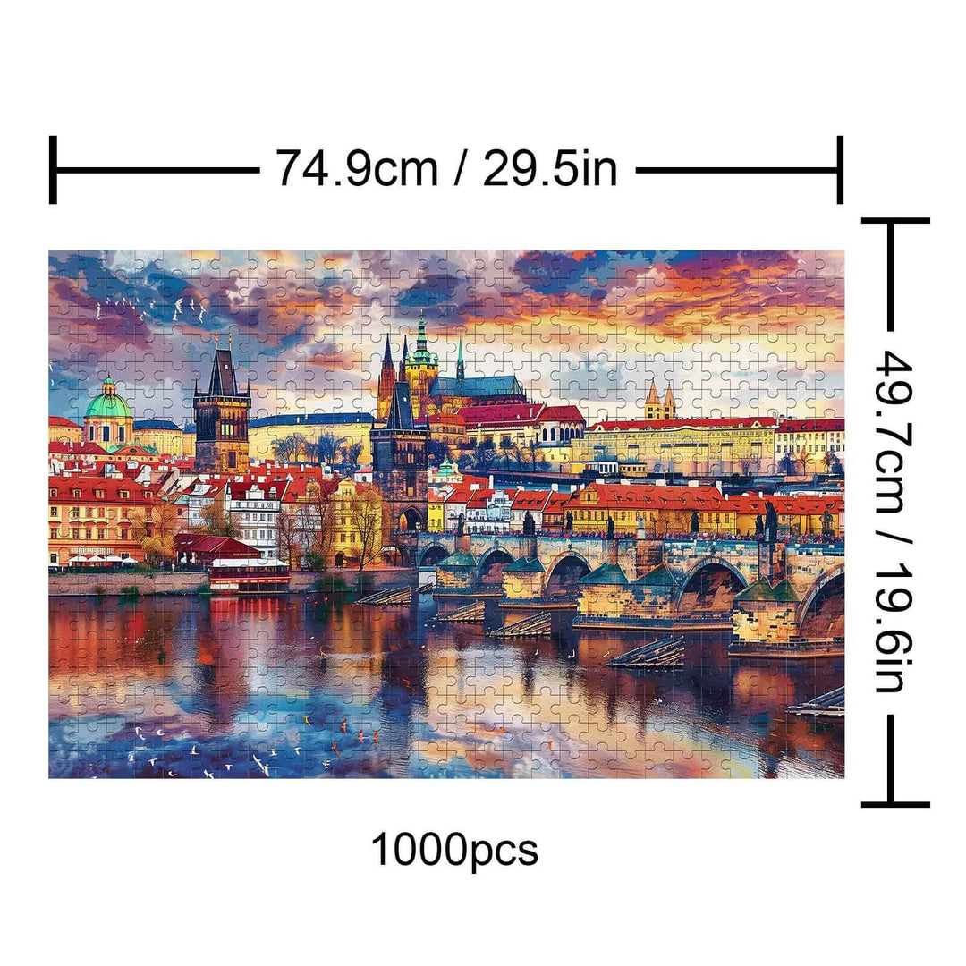 Jigsaw puzzle featuring a vibrant sunset cityscape with historical architecture and a river, 1000 pieces.