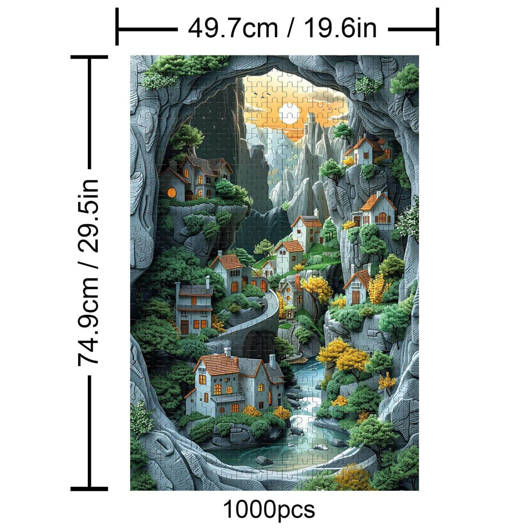Paradise 1000 Piece Puzzle showcasing a scenic village in a cave, perfect for enhancing focus and problem-solving skills.