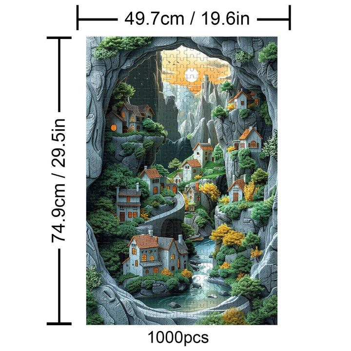 Paradise 1000 Piece Puzzle showcasing a scenic village in a cave, perfect for enhancing focus and problem-solving skills.