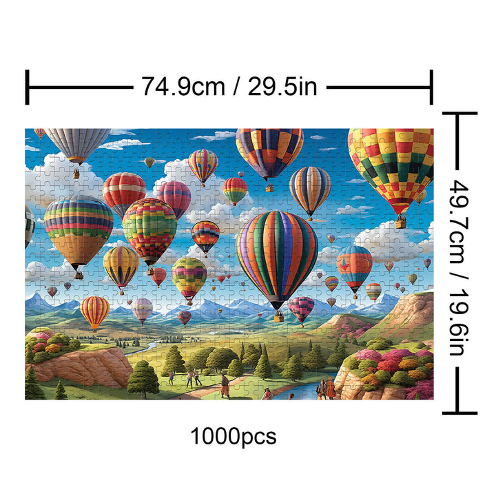 Vibrant hot air balloon jigsaw puzzle, 1000 pieces, showcasing scenic landscapes and colorful balloons in the sky.