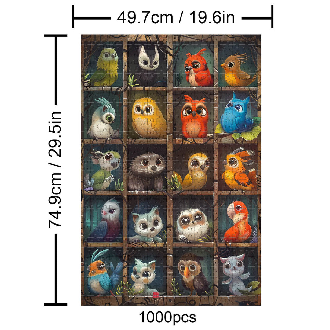 Cute Birds 1000 Piece Puzzle featuring colorful and whimsical bird illustrations in a fun jigsaw design.