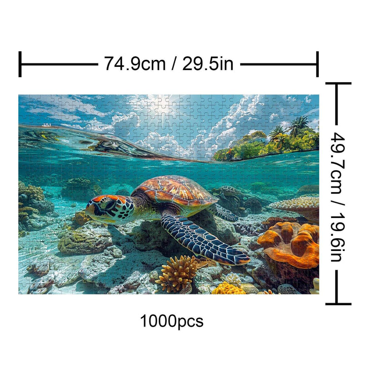 500/1000 piece Sea Turtles jigsaw puzzle showcasing a vibrant underwater scene with coral and a turtle.