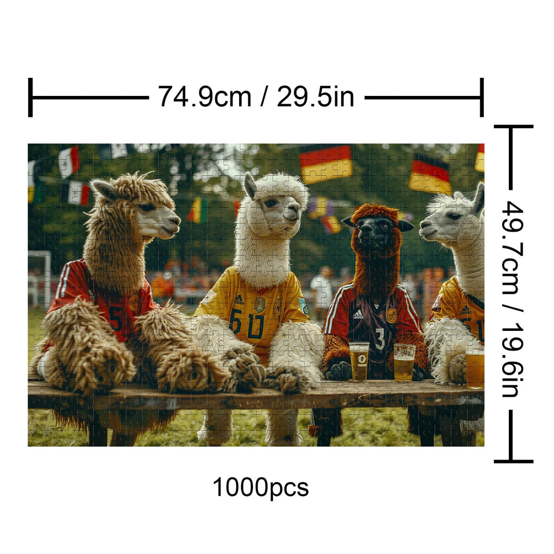 Alpaca Audiences 1000-piece puzzle featuring whimsical alpacas in jerseys, perfect for puzzle lovers and mind games.