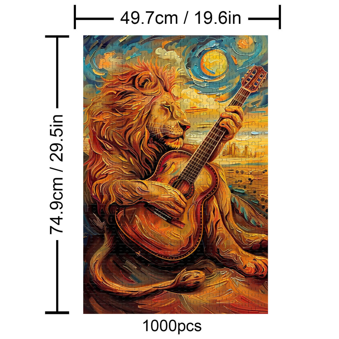 Colorful puzzle of a lion playing guitar, perfect for enhancing focus and cognitive skills with 1000 pieces.