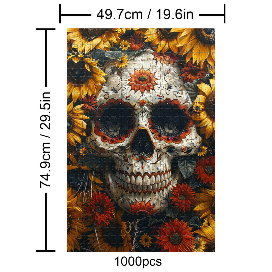 1000-piece Halloween Skull puzzle featuring vibrant sunflowers and intricate details for an engaging mind game experience.