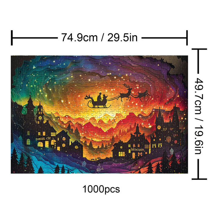 Colorful 1000 piece Christmas Eve puzzle depicting Santa on a sleigh over a vibrant winter village scene.