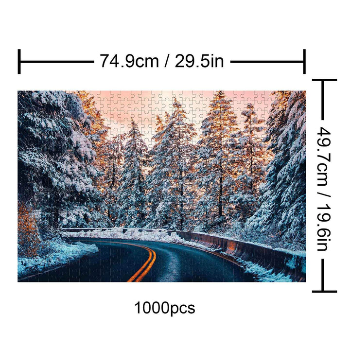 Snow Country Highway 1000 piece puzzle showcasing a scenic winter road with trees; perfect for jigsaw puzzle enthusiasts.