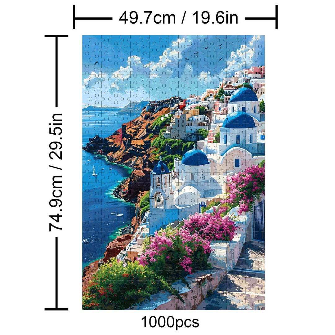 Santorini 1000 piece jigsaw puzzle showcasing stunning blue domes and vibrant flowers on cliffs.