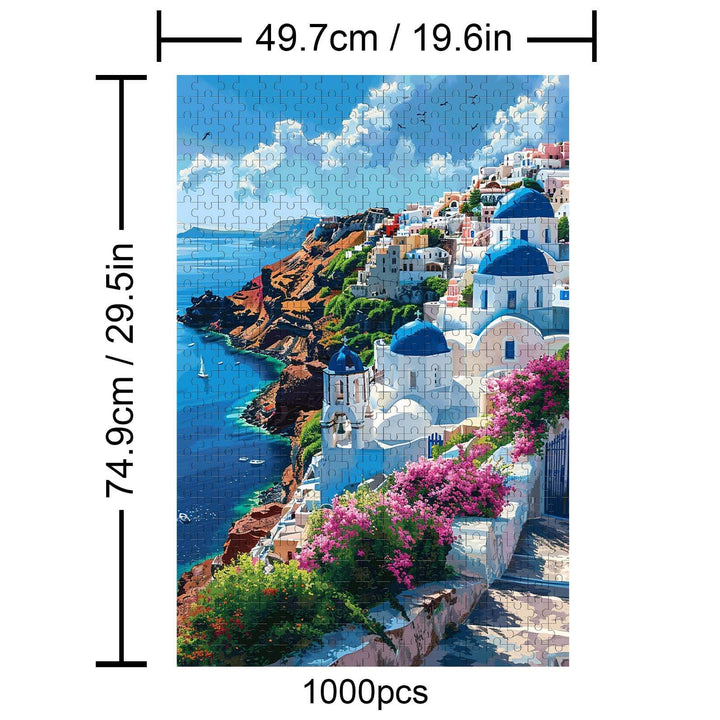 Santorini 1000 piece jigsaw puzzle showcasing stunning blue domes and vibrant flowers on cliffs.