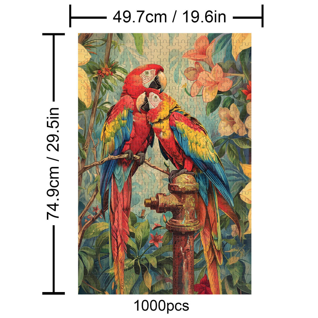 Snuggling Parrot 1000 piece puzzle featuring vibrant parrots and floral design, perfect for enhancing focus and cognitive skills.