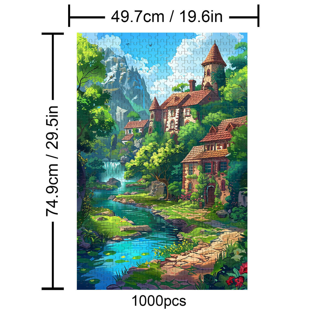 Beautiful countryside 1000 piece puzzle featuring a serene landscape with a stream and charming cottages.