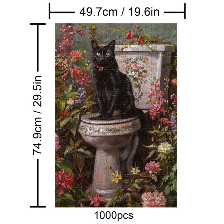 Elegant Black Cat jigsaw puzzle featuring a black cat on a flower-adorned toilet, ideal for puzzle enthusiasts.