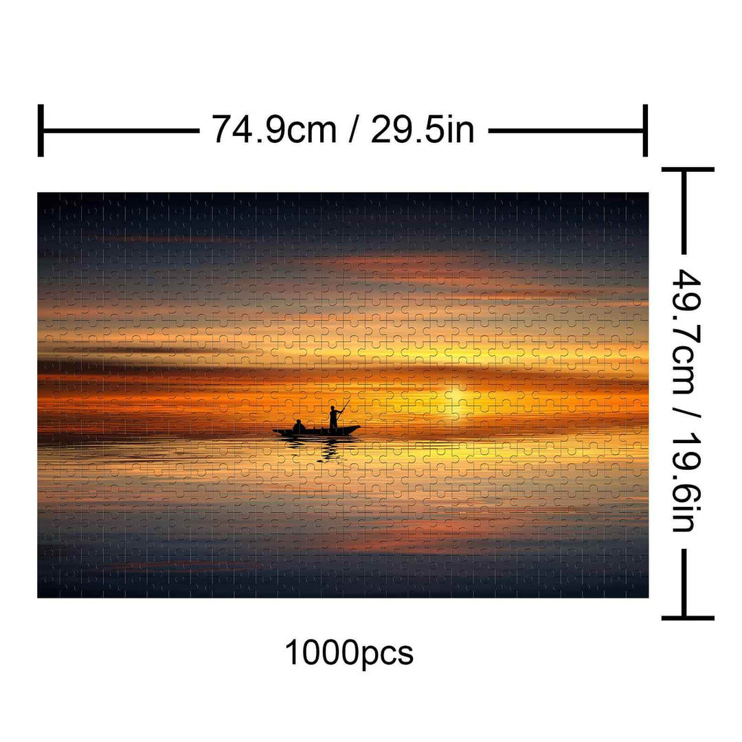 Boatman at Sunset 1000-piece puzzle, featuring vibrant sunset colors and a serene boat scene.
