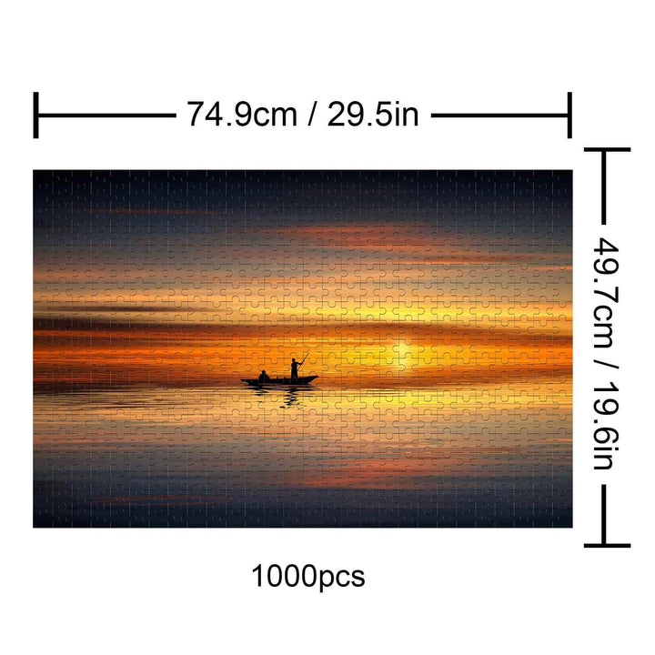 Boatman at Sunset 1000-piece puzzle, featuring vibrant sunset colors and a serene boat scene.