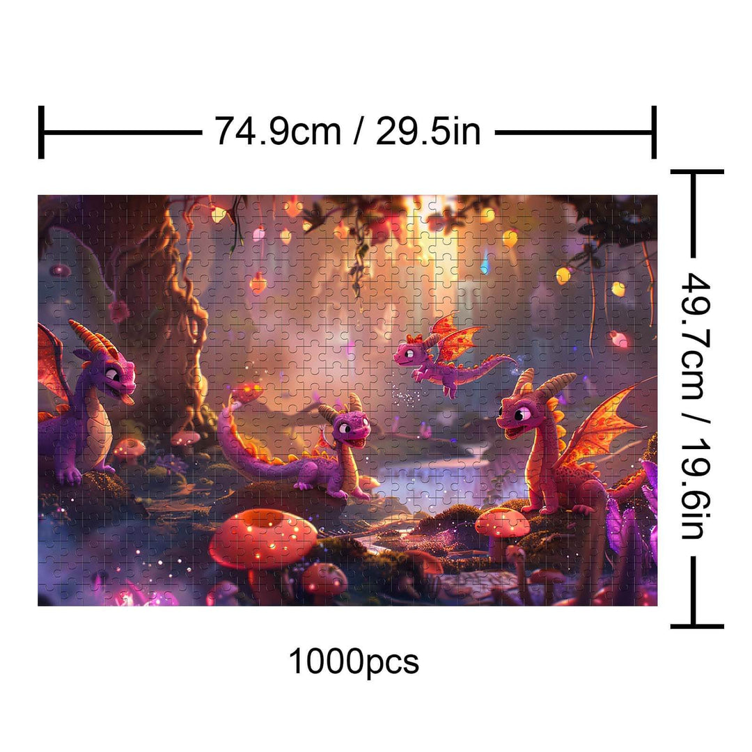 Colorful Dragon Paradise 1000-piece puzzle showcasing whimsical dragons in a vibrant forest setting.