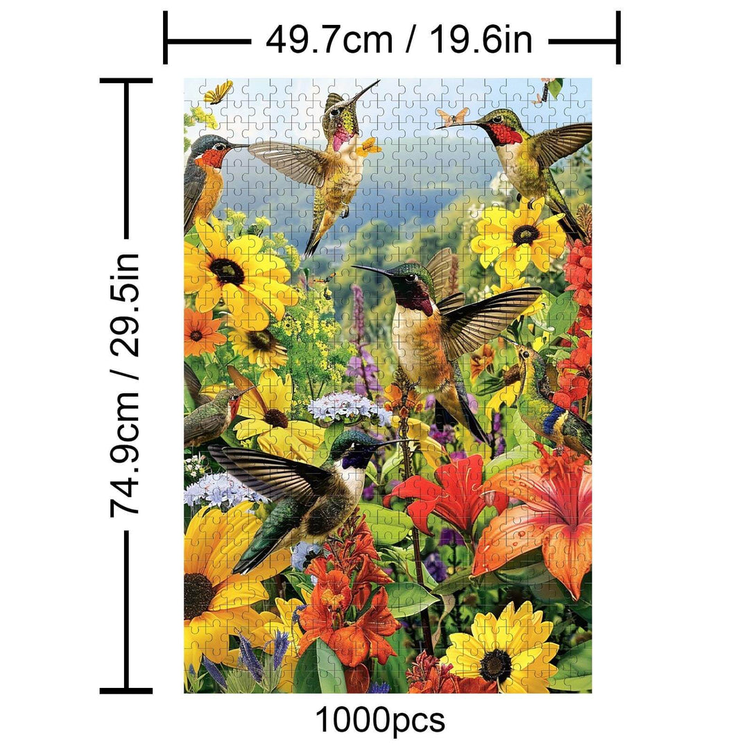 Colorful 1000-piece puzzle featuring hummingbirds among vibrant flowers, ideal for jigsaw enthusiasts and mind games.