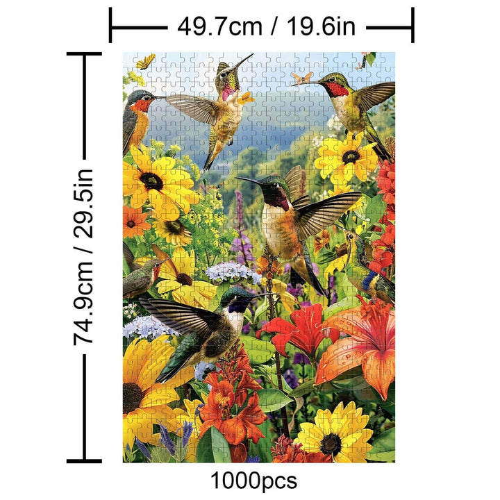Colorful 1000-piece puzzle featuring hummingbirds among vibrant flowers, ideal for jigsaw enthusiasts and mind games.