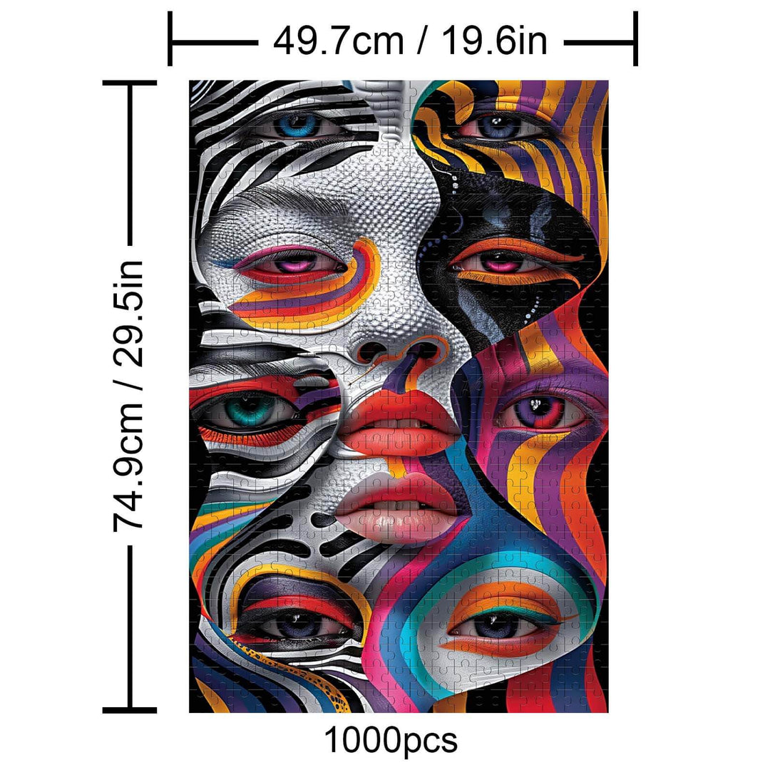 Psychedelic Splicing 1000-piece jigsaw puzzle featuring vivid abstract faces, enhancing focus and brain skills.