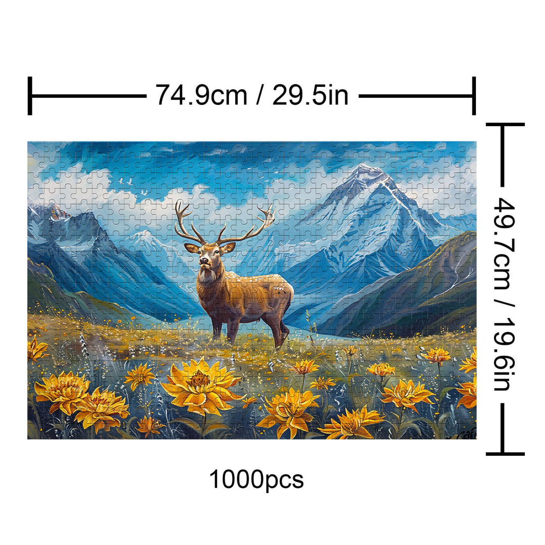 Elk 500/1000 piece jigsaw puzzle featuring a majestic elk in a vibrant mountain landscape with flowers.
