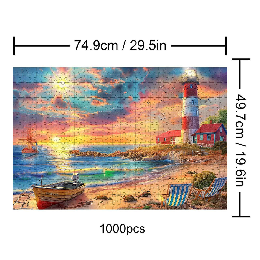 Morning Light 1000 Piece Puzzle featuring a scenic lighthouse and beach at sunset.