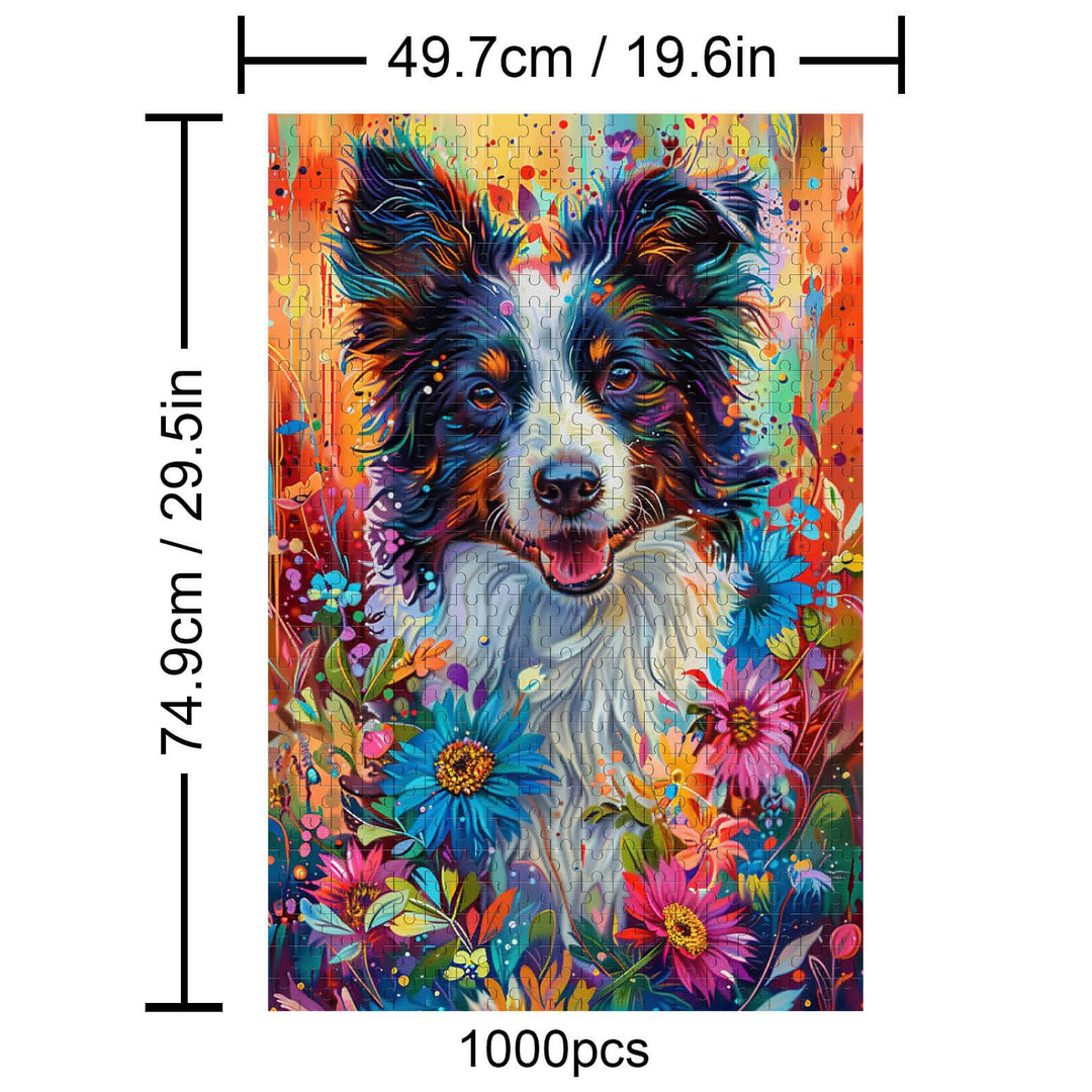 Colorful 1000 piece Shepherd Dog puzzle featuring vibrant flowers and a detailed dog portrait, great for puzzle enthusiasts.