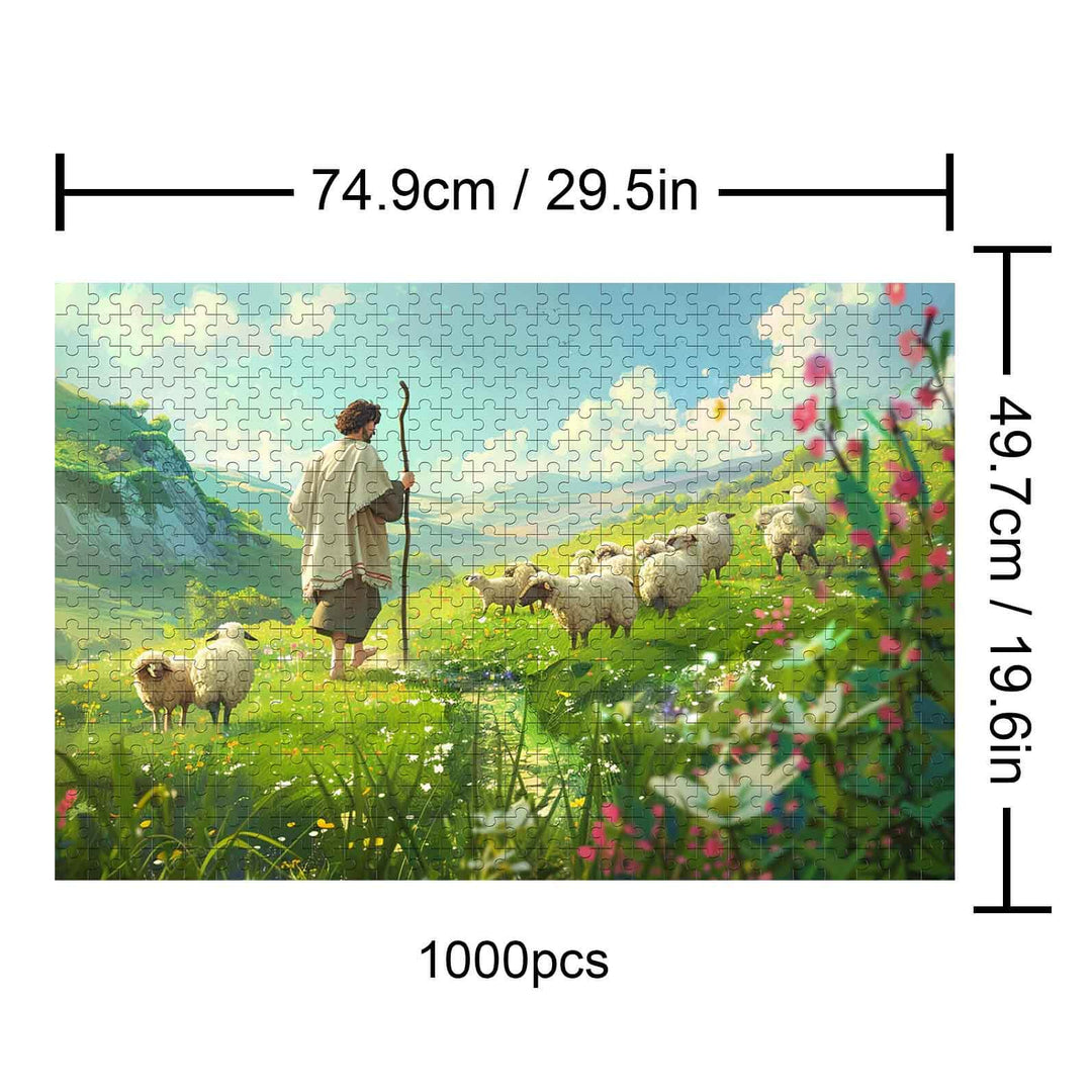 Sacred Grassland 1000 piece puzzle showcasing a shepherd with sheep in a vibrant green landscape.