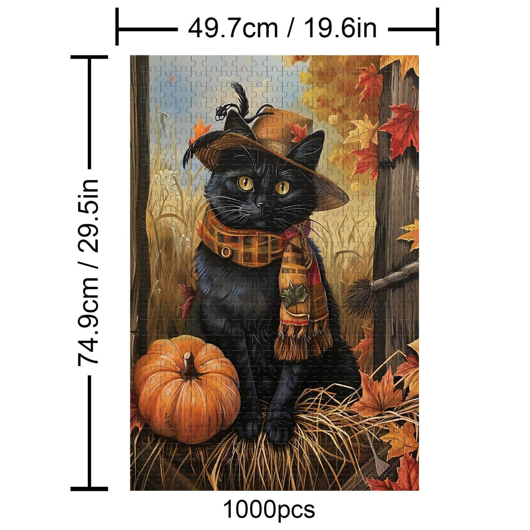 Mr. Cat 1000 piece puzzle featuring a black cat in a hat, autumn leaves, and a pumpkin, perfect for jigsaw puzzle enthusiasts.