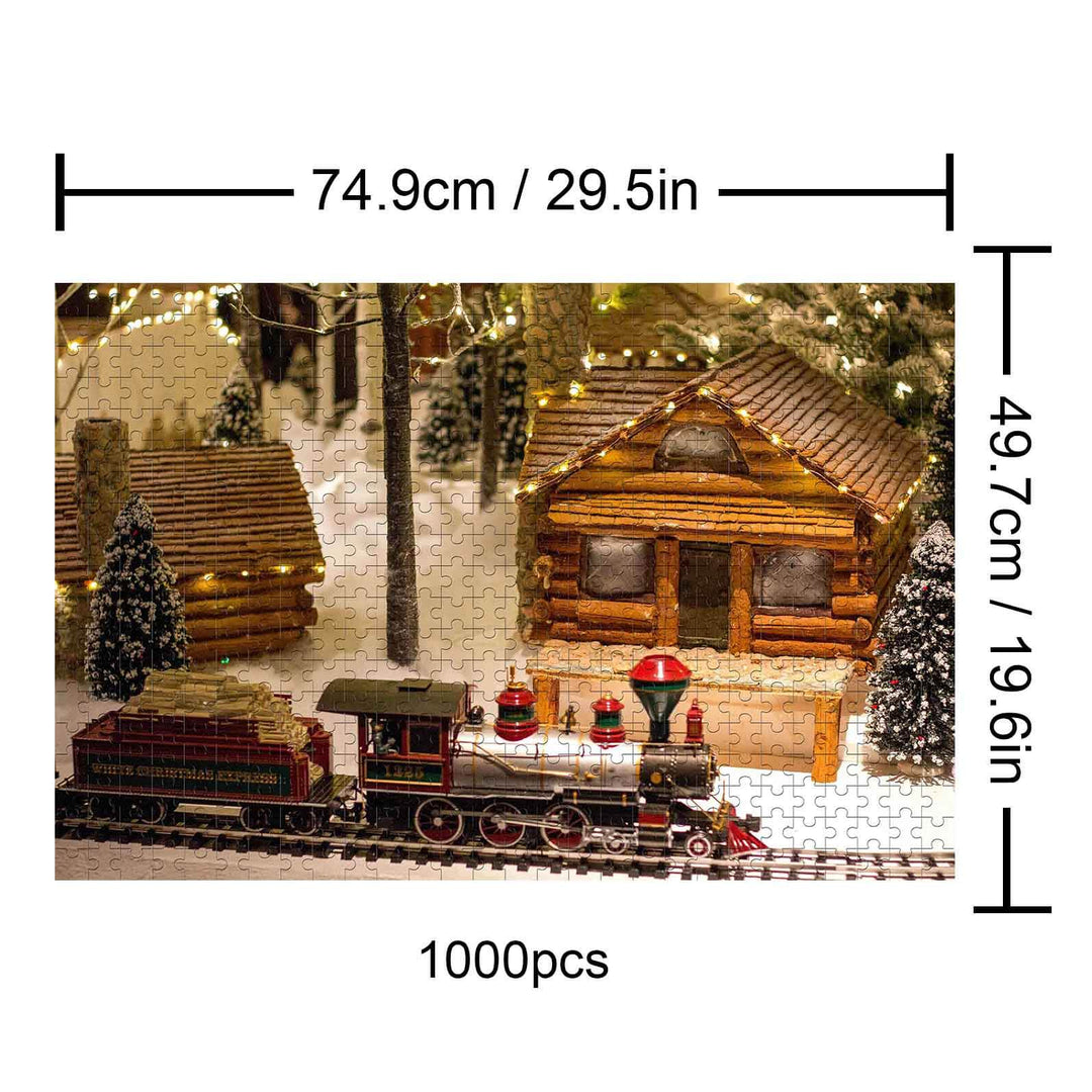 Christmas Train Paradise 1000-piece puzzle featuring a festive train and snowy cabin scene.