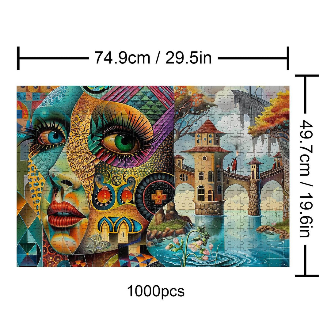 Fantasy Land 1000-piece jigsaw puzzle featuring vibrant artwork of a woman's face and colorful landscapes.