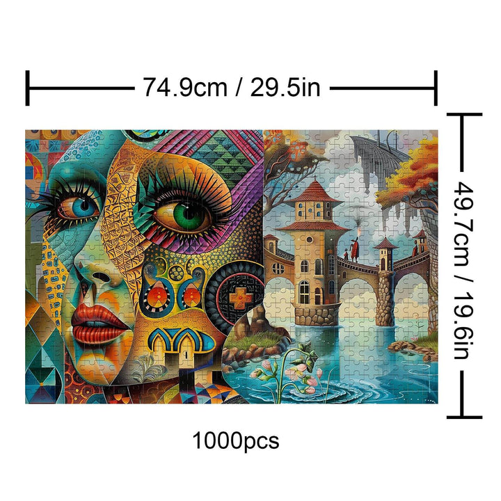 Fantasy Land 1000-piece jigsaw puzzle featuring vibrant artwork of a woman's face and colorful landscapes.