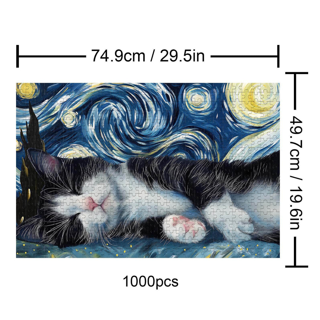 Sleeping Cat 1000 piece jigsaw puzzle with a starry night background, perfect for mind games and relaxation.