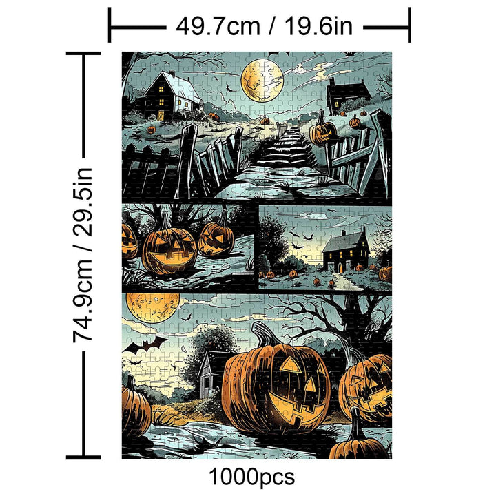 Scary Pumpkin 1000-piece puzzle featuring spooky pumpkins on a moonlit path, perfect for jigsaw puzzle enthusiasts.