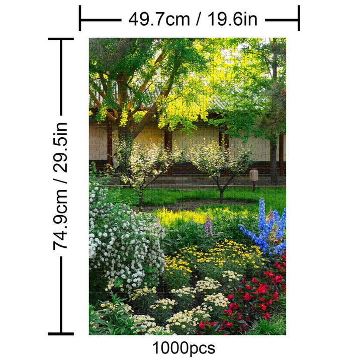 Garden Scenery 1000 Piece Puzzle, vibrant flowers and greenery, perfect for puzzle enthusiasts and mind games.