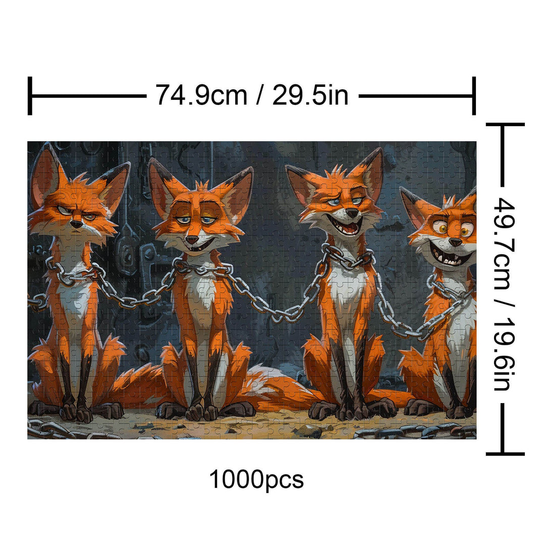 Four cartoon foxes in chains, featured in a 1000-piece puzzle titled 'Foxes in Captivity'.
