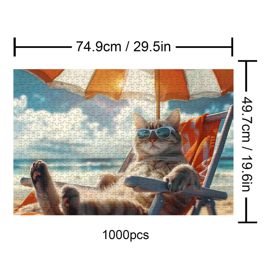 Holiday Cat jigsaw puzzle featuring a relaxed cat in sunglasses on a beach chair, ideal for puzzle lovers.